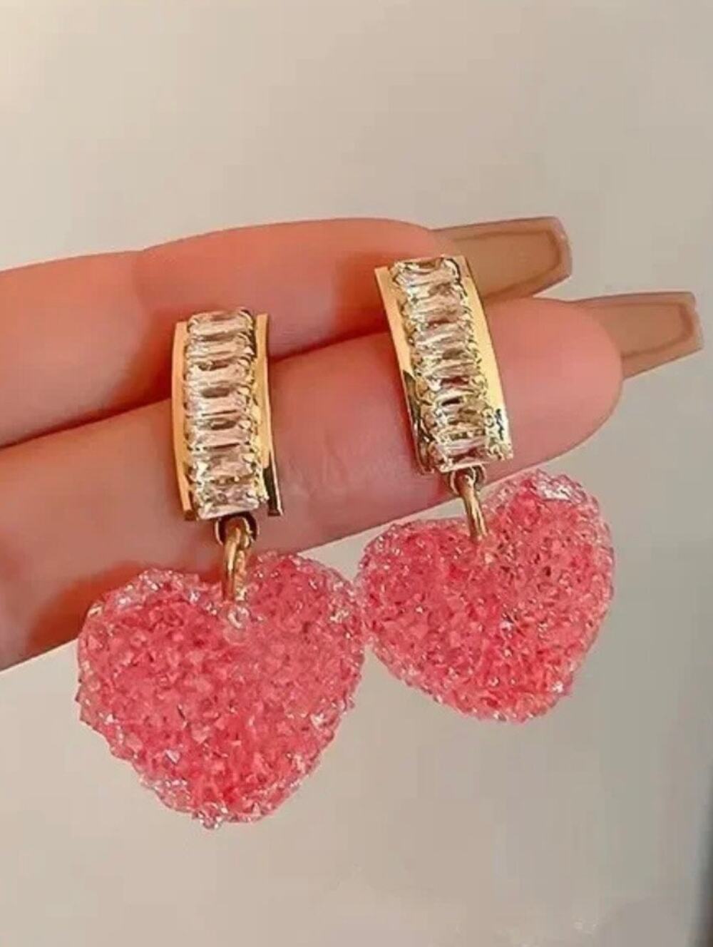 Pink Heart Drop Earrings Coquette Kawaii Korean Style Crystal EUC